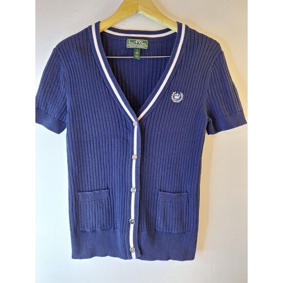 Vtg LRL RALPH LAUREN ACTIVE Button Up V-Neck Sweater Top Women's M Tennis Preppy - Picture 1 of 8